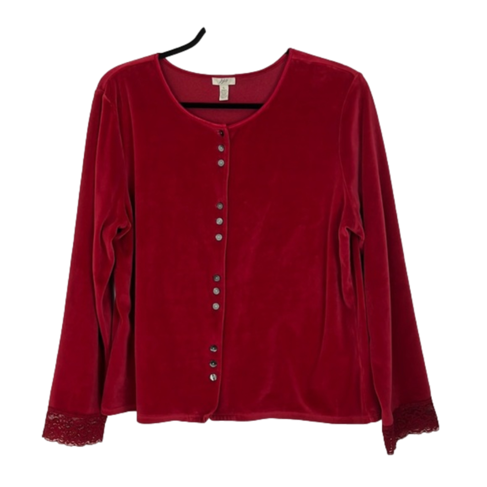 J. Jill Boxy Velour Red Top w/Lace Cuffed Sleeves